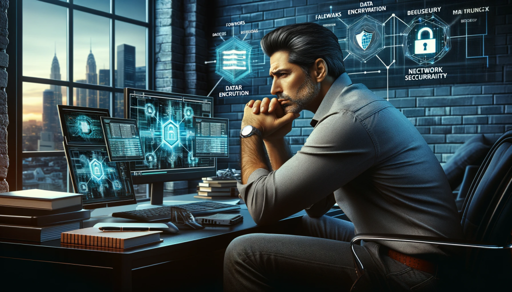 dall·e 2024 01 04 10.43.48 a photorealistic image of a middle aged hispanic man sitting thoughtfully in a modern office, focusing on cybersecurity. he's looking at a computer sc