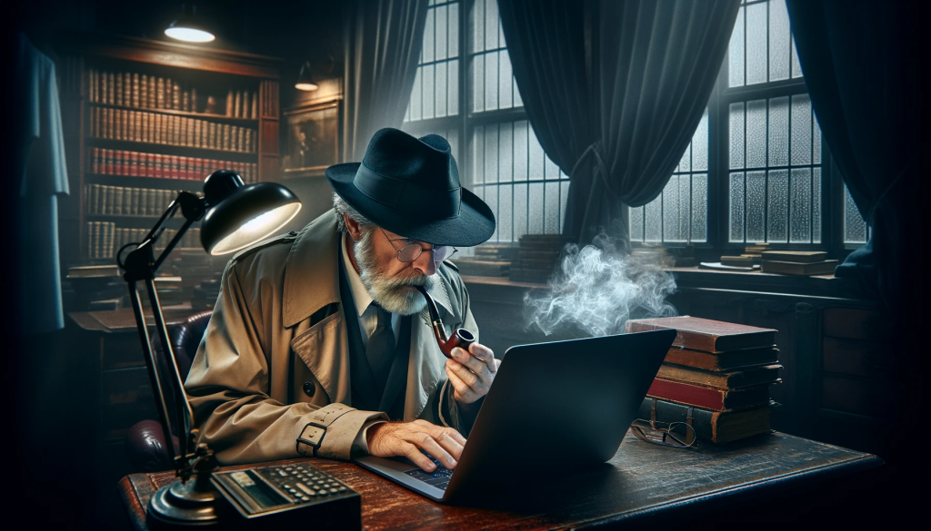 dall·e 2024 01 22 16.15.13 create a wide aspect ratio image of an older private detective with a grey beard, in the style of classic film noir, investigating a computer and smok