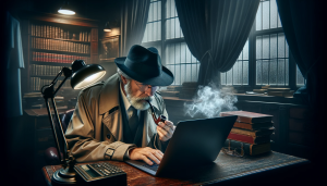 DALL·E 2024-01-22 16.15.13 - Create a wide aspect ratio image of an older private detective with a grey beard, in the style of classic film noir, investigating a computer and smok