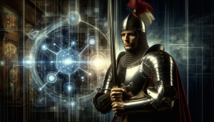 DALL·E 2024-01-27 12.00.58 - A medieval knight in full armor stands protectively in front of a large, abstract representation of a computer network. The knight has his sword drawn